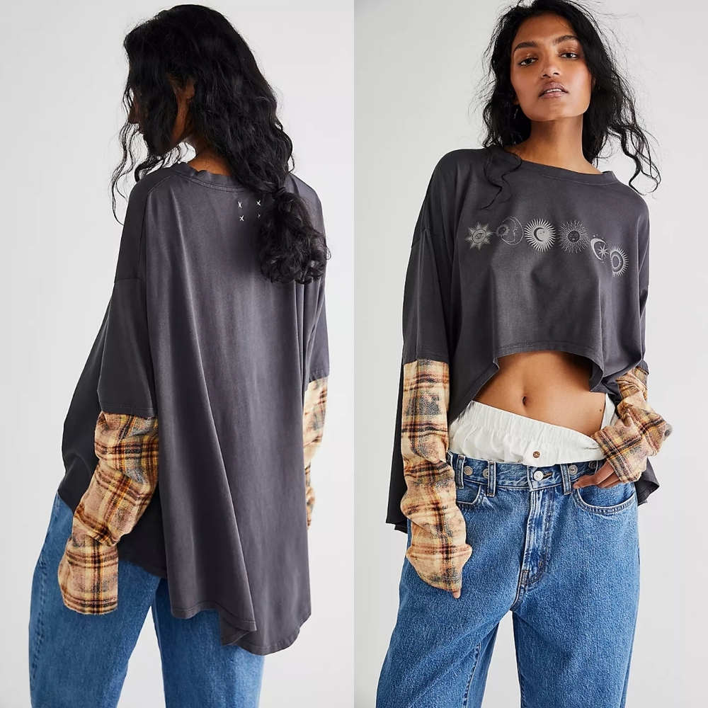New Free People Vintage Souls Solar Long Line Twofer Flannel Gray Long-Sleeve XS